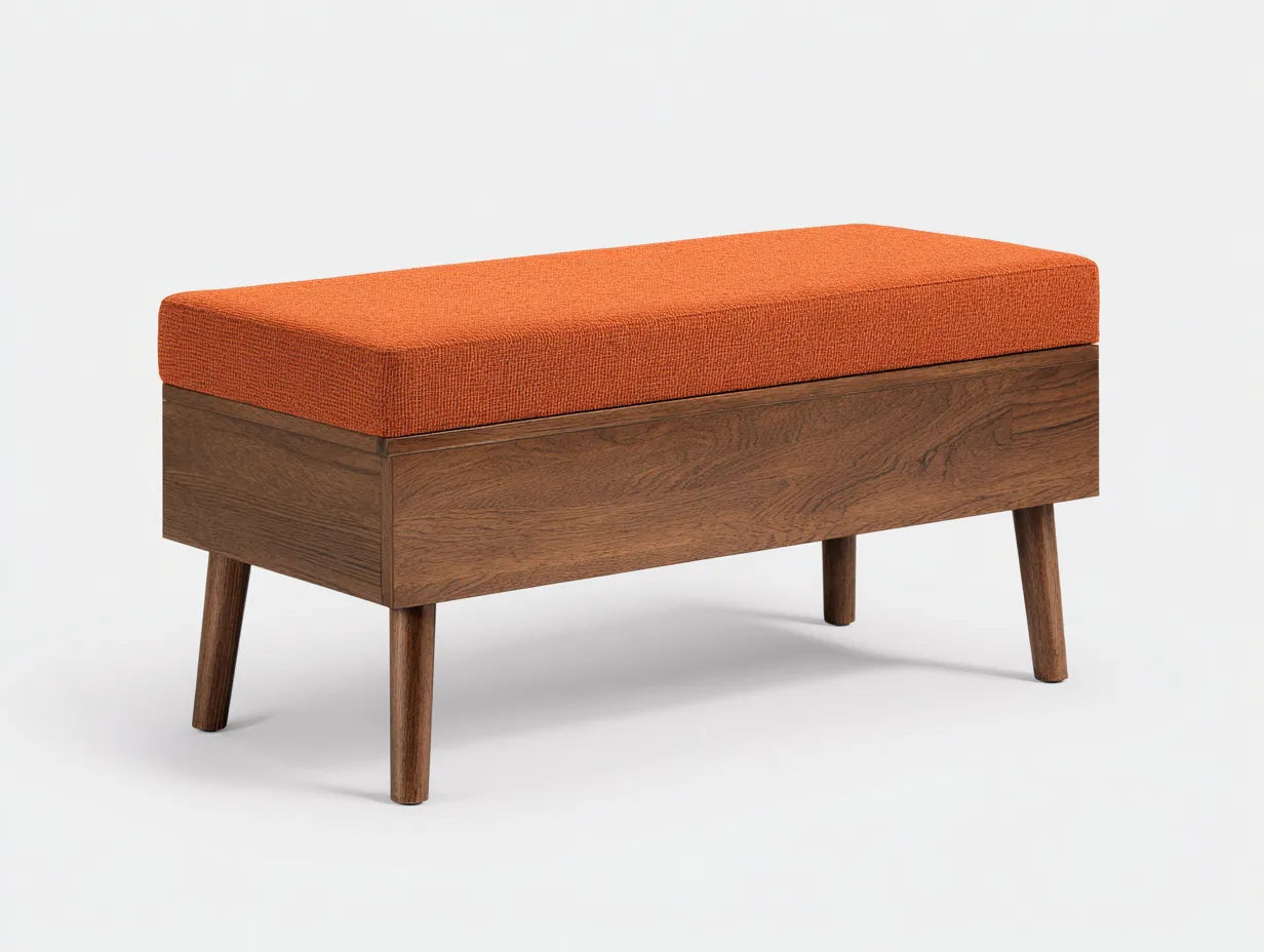Banco de dormitorio 120×40×45 cm – madera marrón – tejido naranja estilo moderno